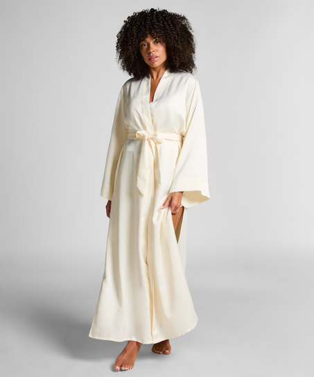 Floral lang satin kimono, Hvid