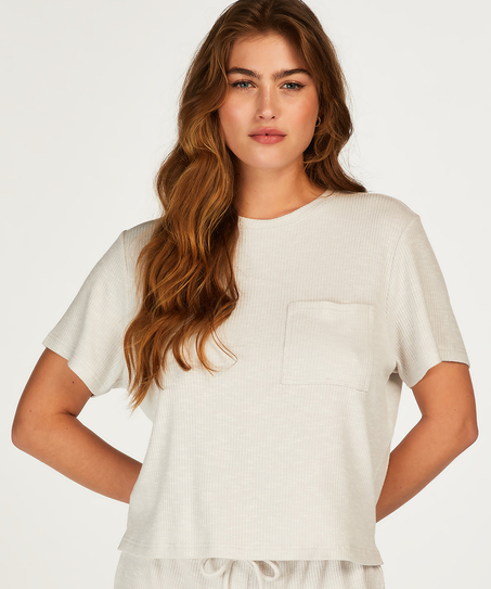 Ribstrikket kortærmet top, Beige