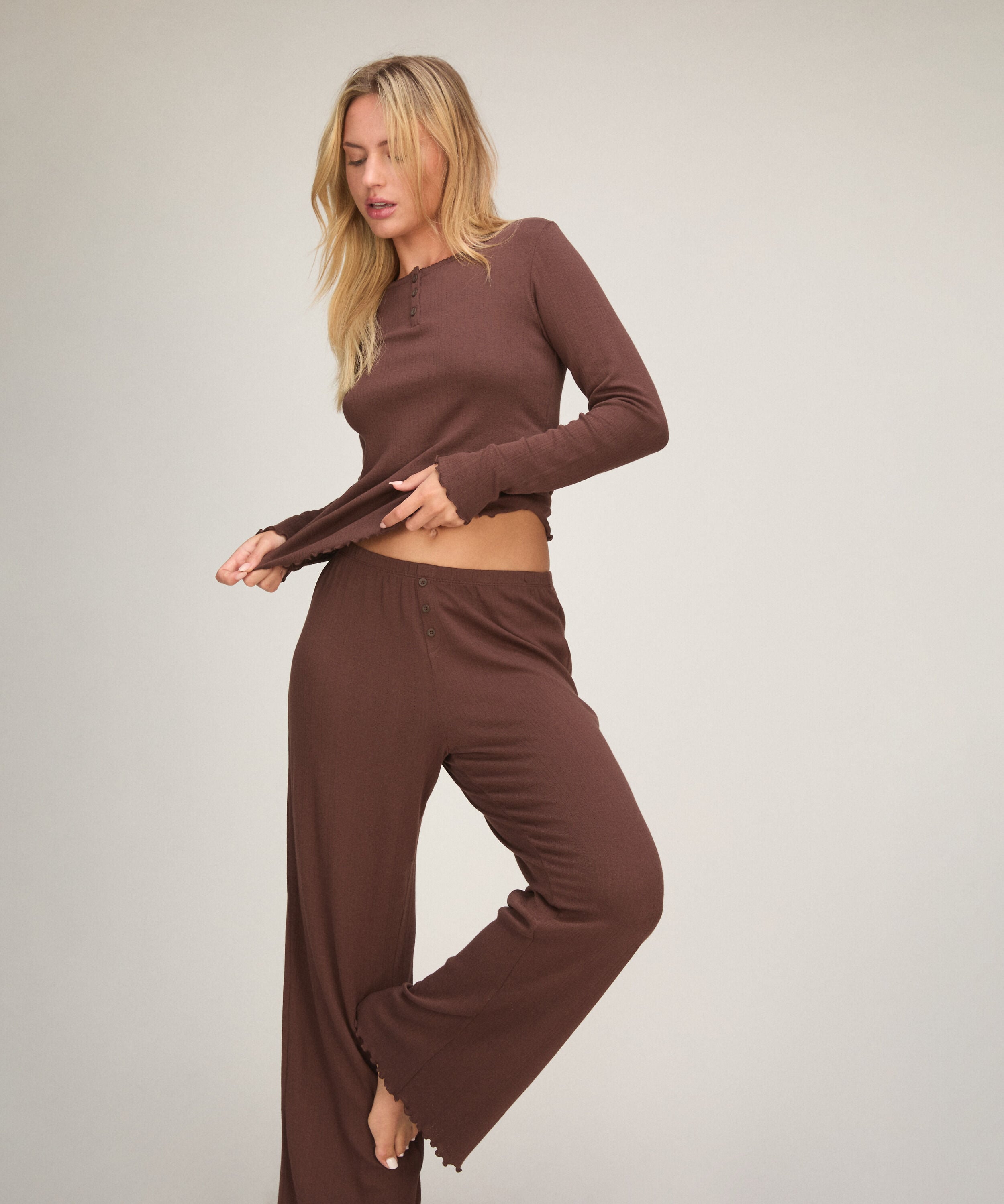 Pyjamasbukser Loose Pointelle, Brun Pyjamasbukser Loose Pointelle, Brun