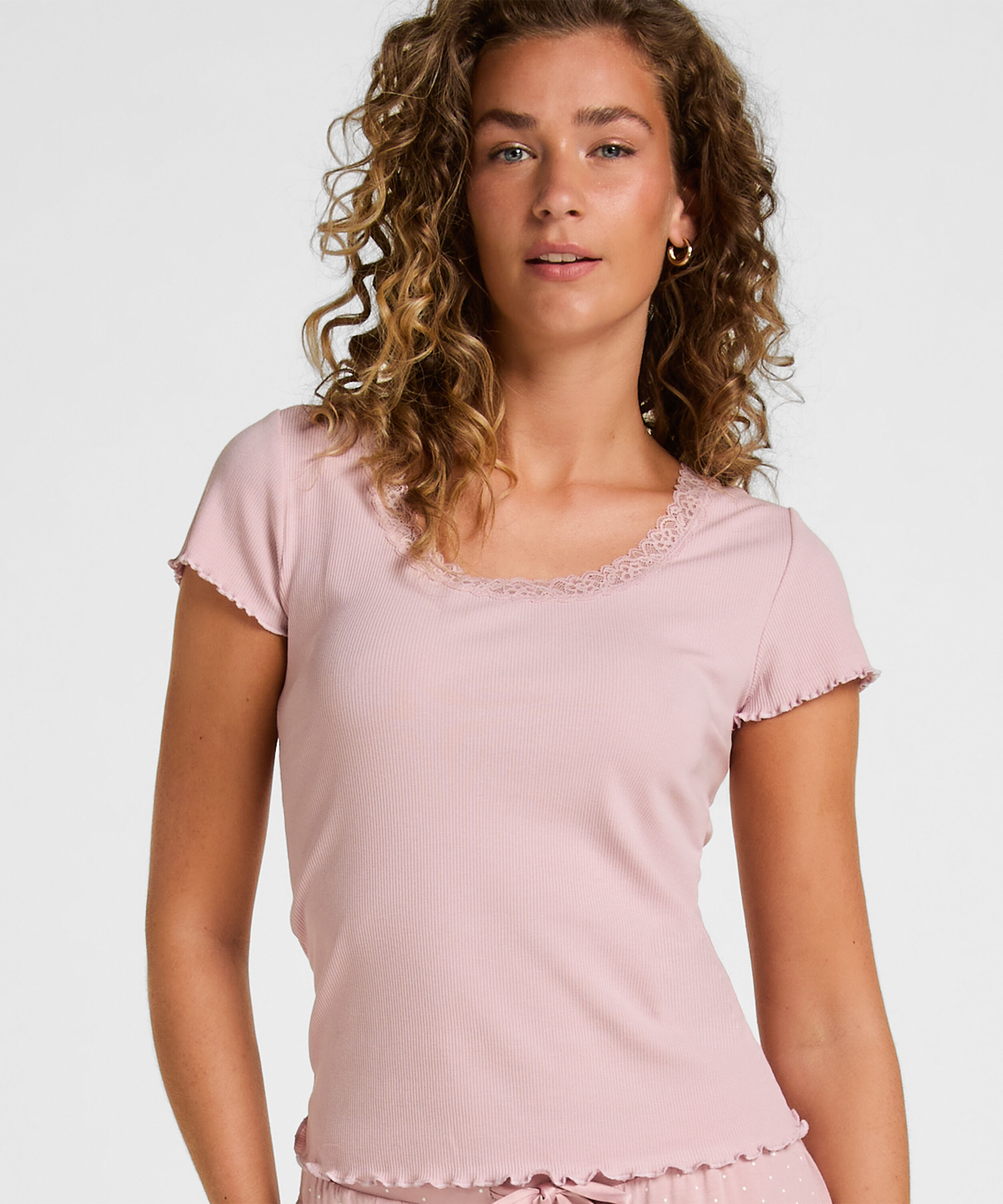 Pyjamas Top Jersey Rib med Blonder, Lyserød Pyjamas Top Jersey Rib med Blonder, Lyserød
