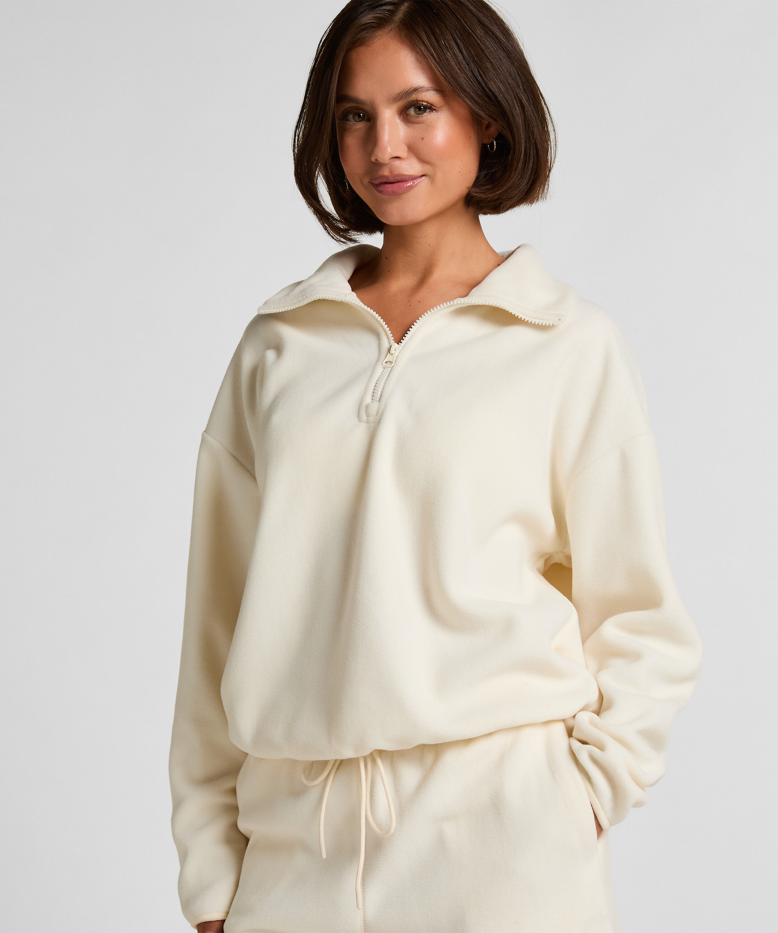 Overdel med halv lynlås sporty fleece, Hvid