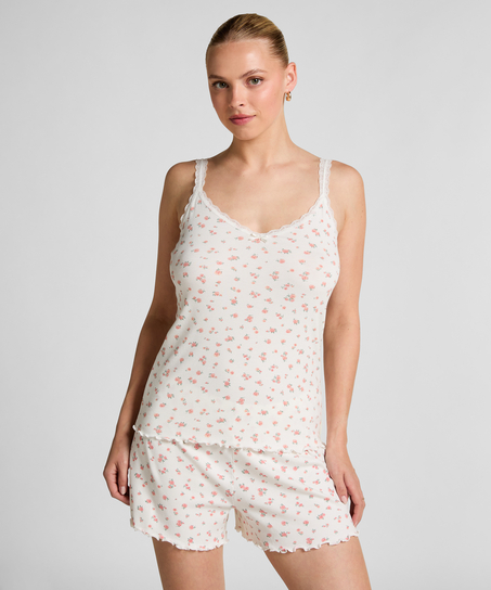 Ribstrikket cami med blonde, Hvid