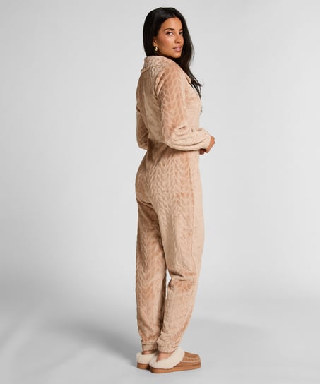 Onesie-jumpsuit i kabel med lynl&aring;s, Beige