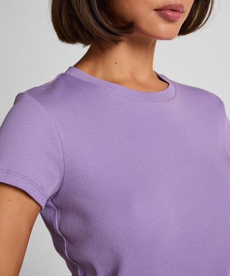 Crew neck pyjamastop i rib med korte ærmer, Lilla