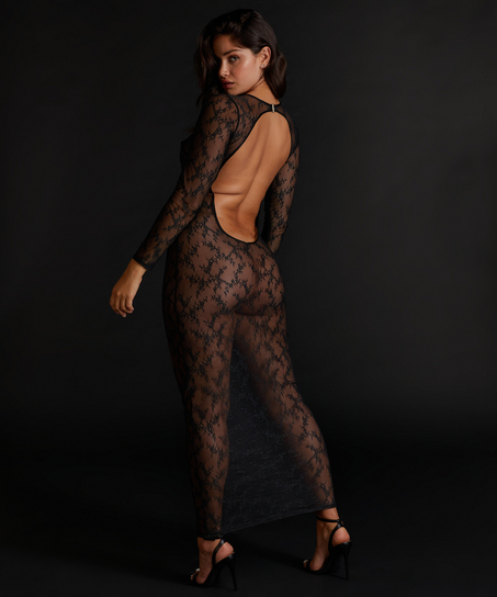 Langærmet blonde-underkjole bodycon, Sort