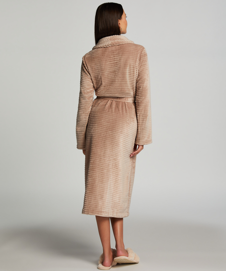 Lang ribstrikket badekåbe i fleece, Beige