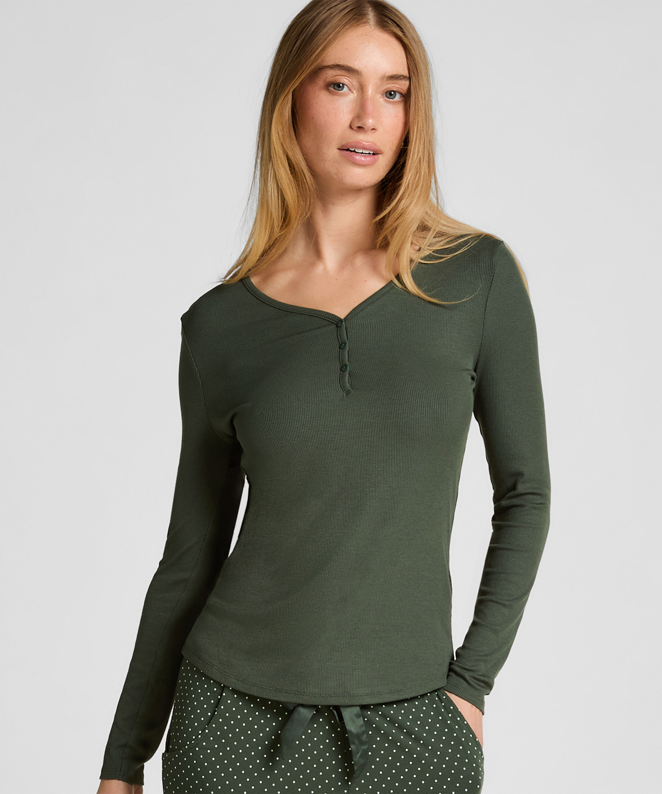 Langærmet pyjamastop Henley, Grøn