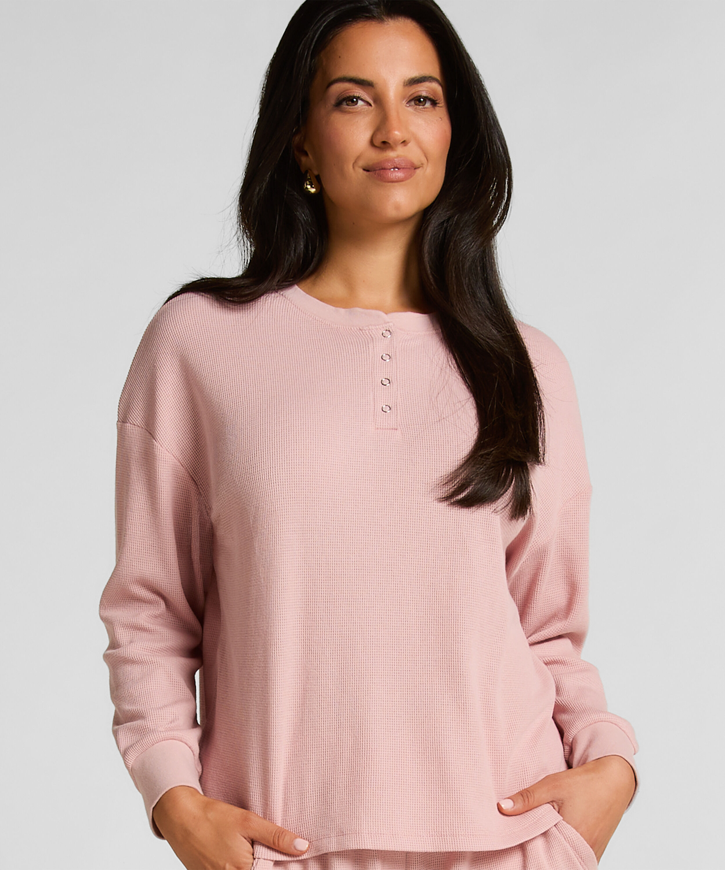 Waffle Henley top, Lyserød