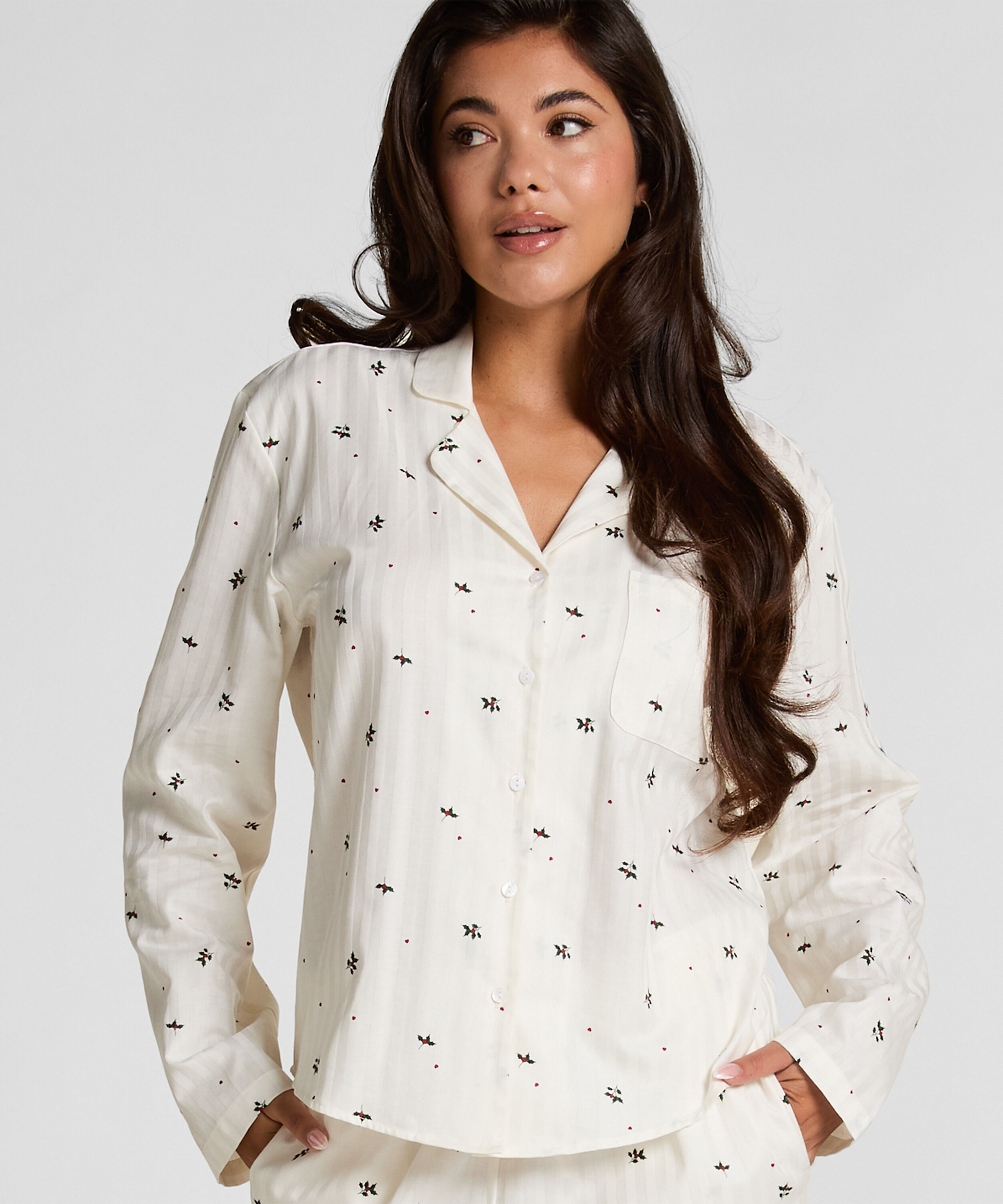 Jacquard Pyjamatop Langærmet, Hvid