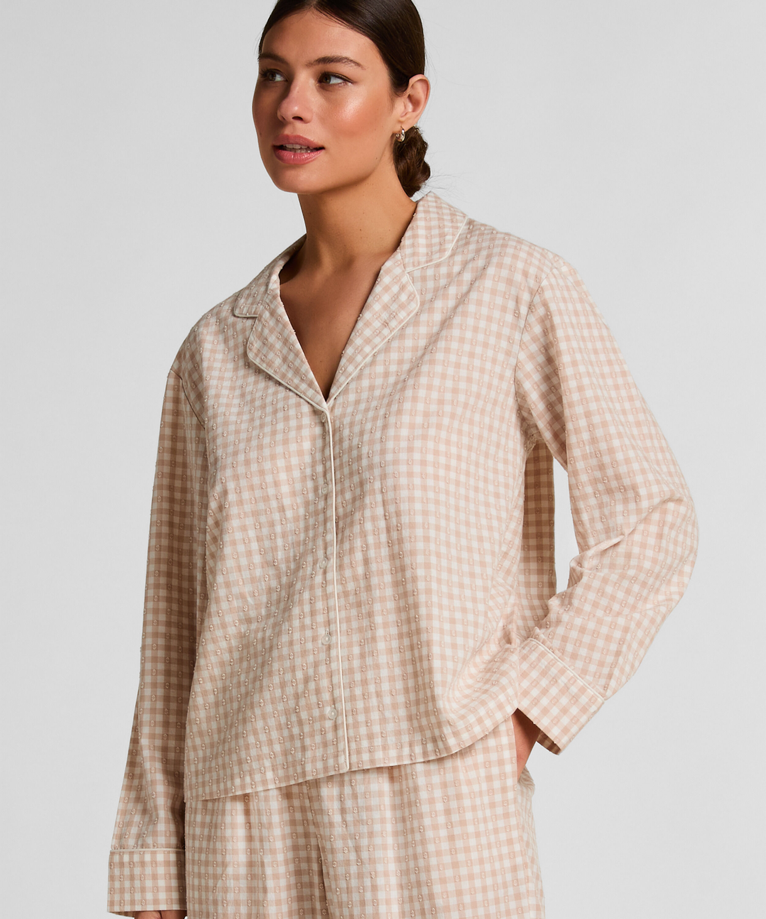 Dobby Pyjamas Jakke i Vævet Bomuld, Beige