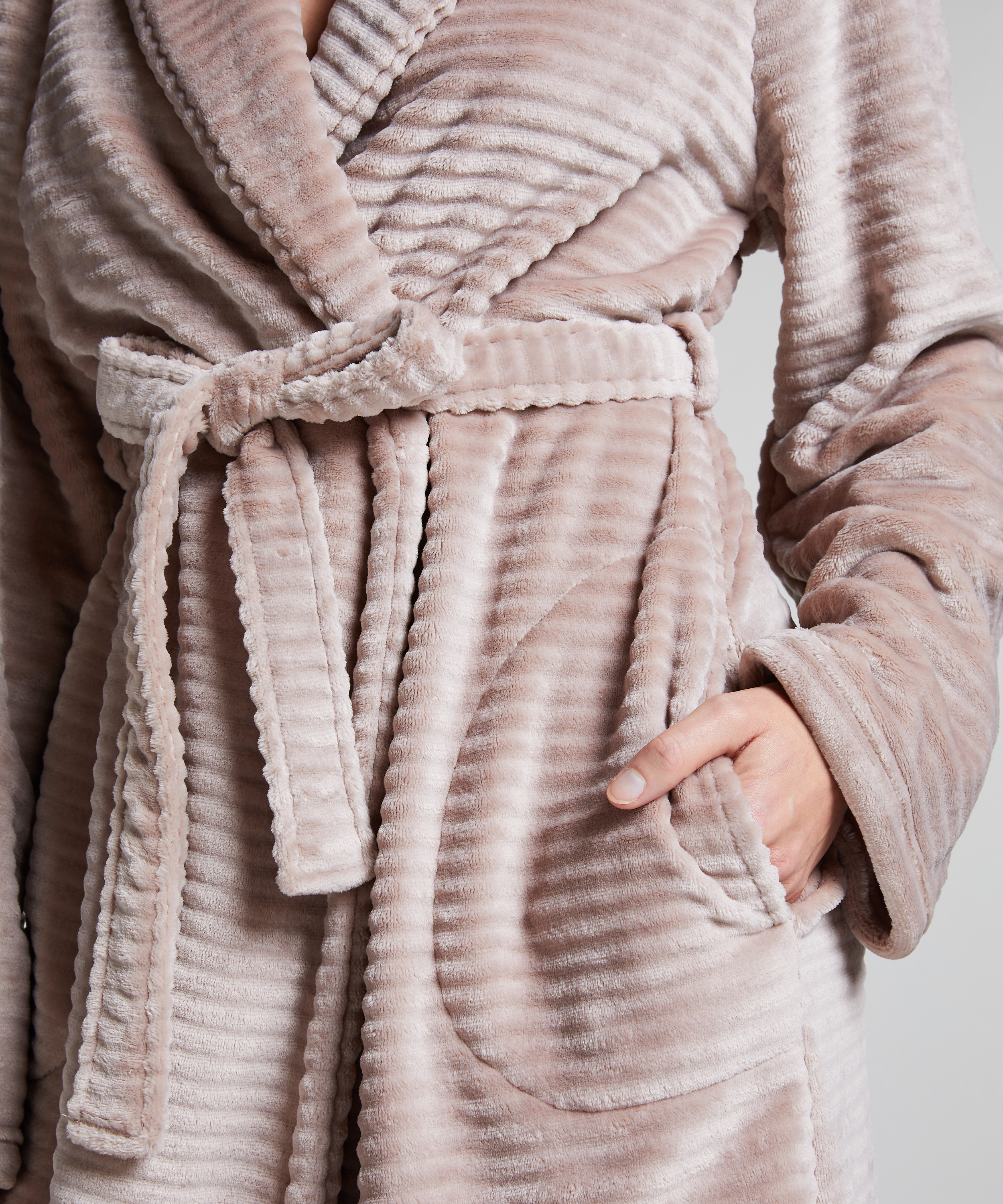 Kort ribstrikket badek&aring;be i fleece, Beige, main