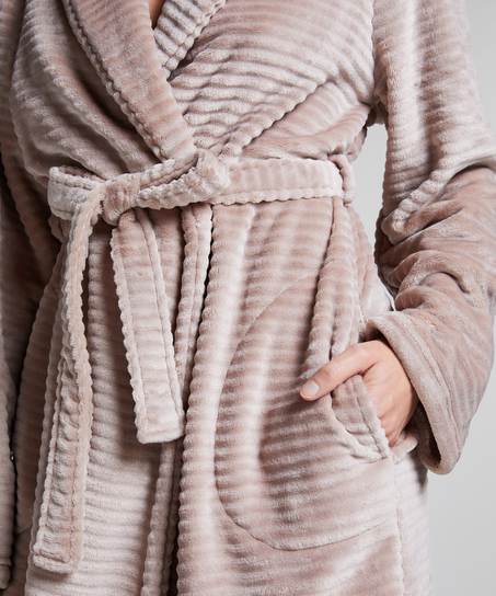 Kort ribstrikket badek&aring;be i fleece, Beige