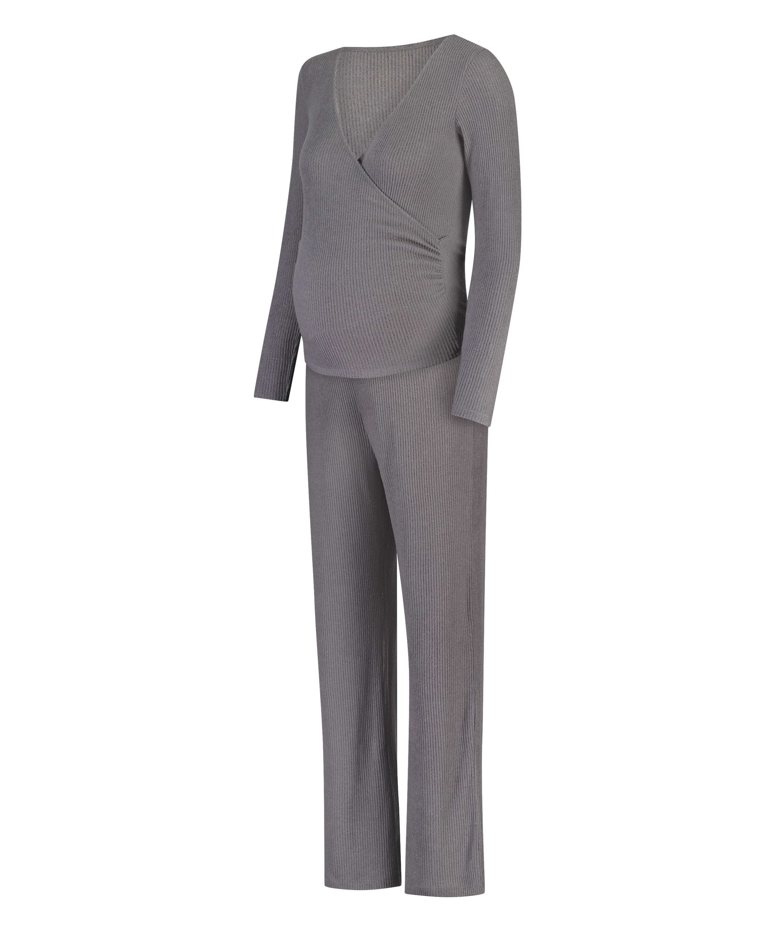 Pyjamassæt i børstet rib til gravide, Grå, main