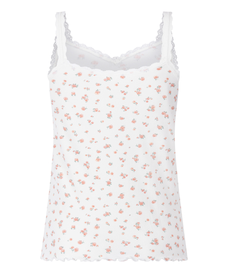 Ribstrikket cami med blonde, Hvid