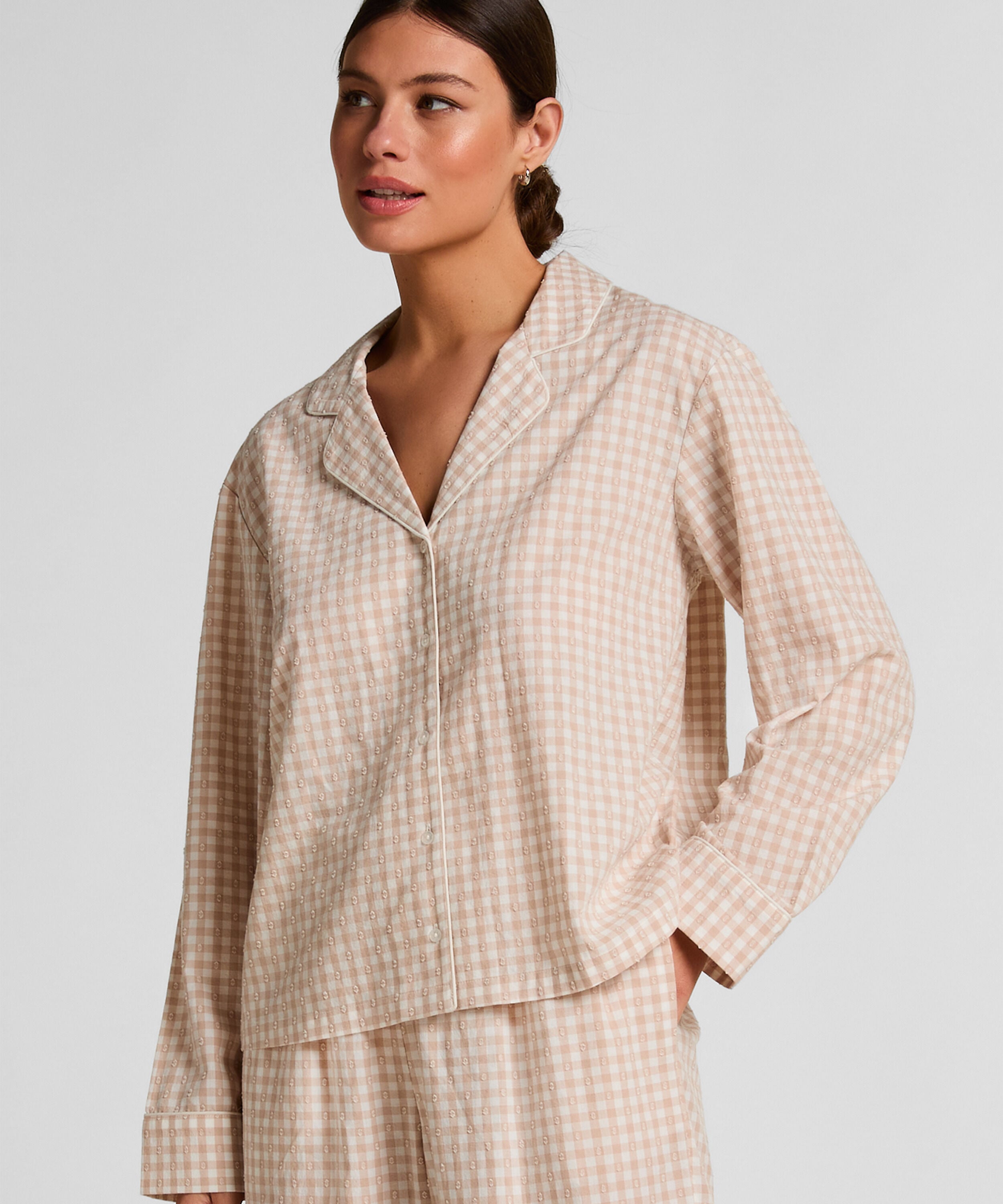 Dobby Pyjamas Jakke i Vævet Bomuld, Beige Dobby Pyjamas Jakke i Vævet Bomuld, Beige