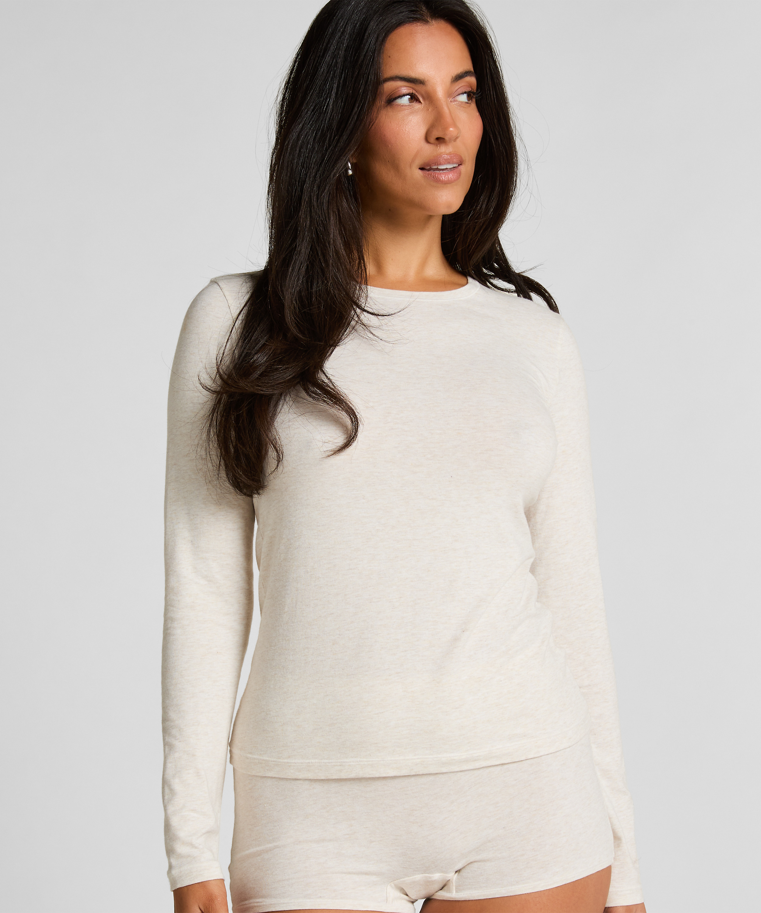 Langærmet top i blød bomuld, Beige, main