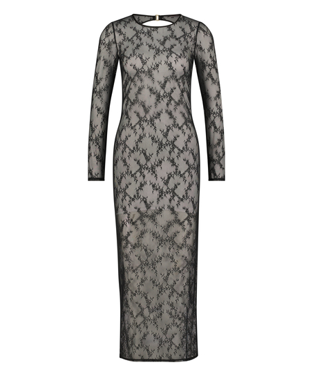 Langærmet blonde-underkjole bodycon, Sort