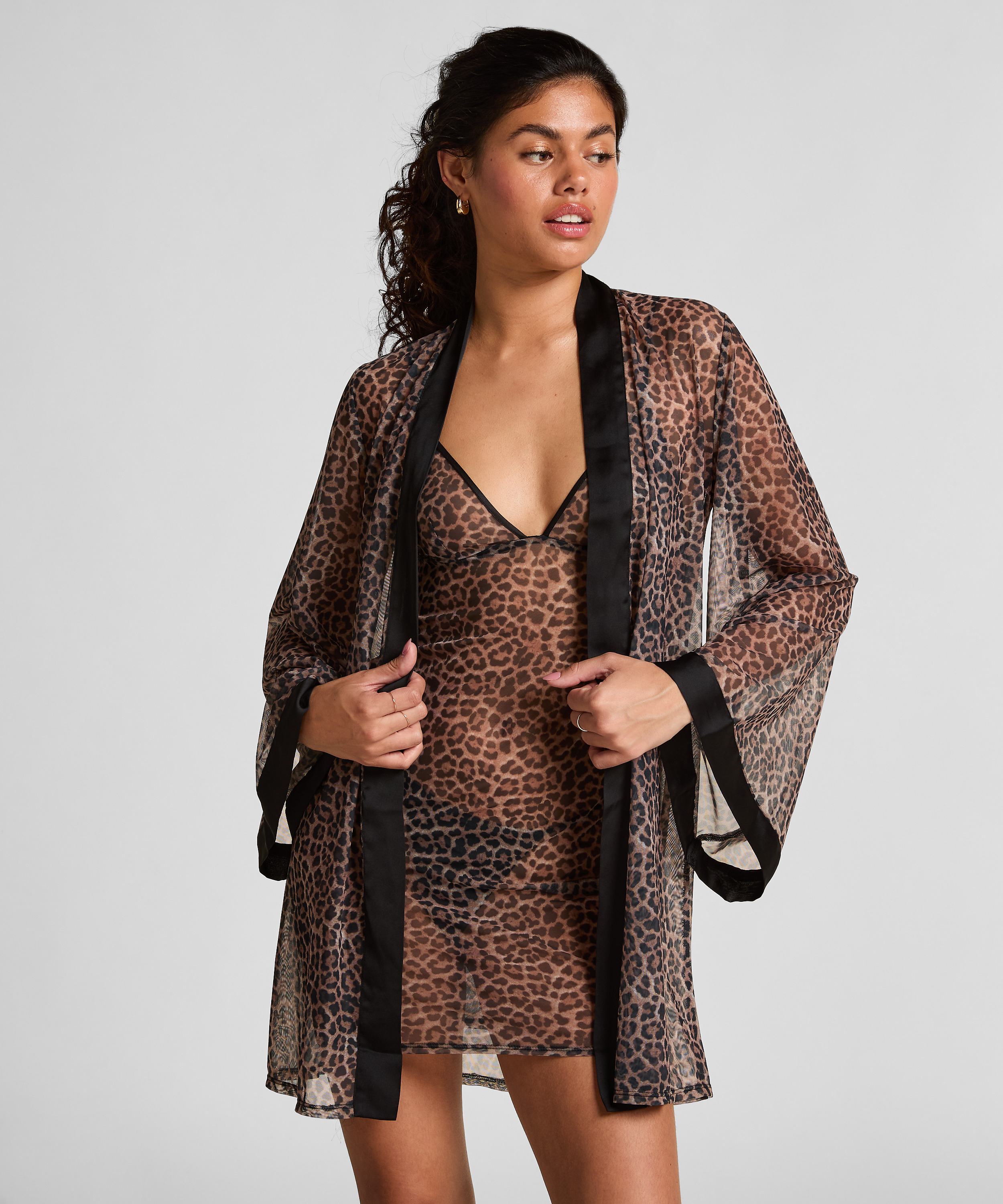 Kimono i leopardprintet mesh, Sort, main