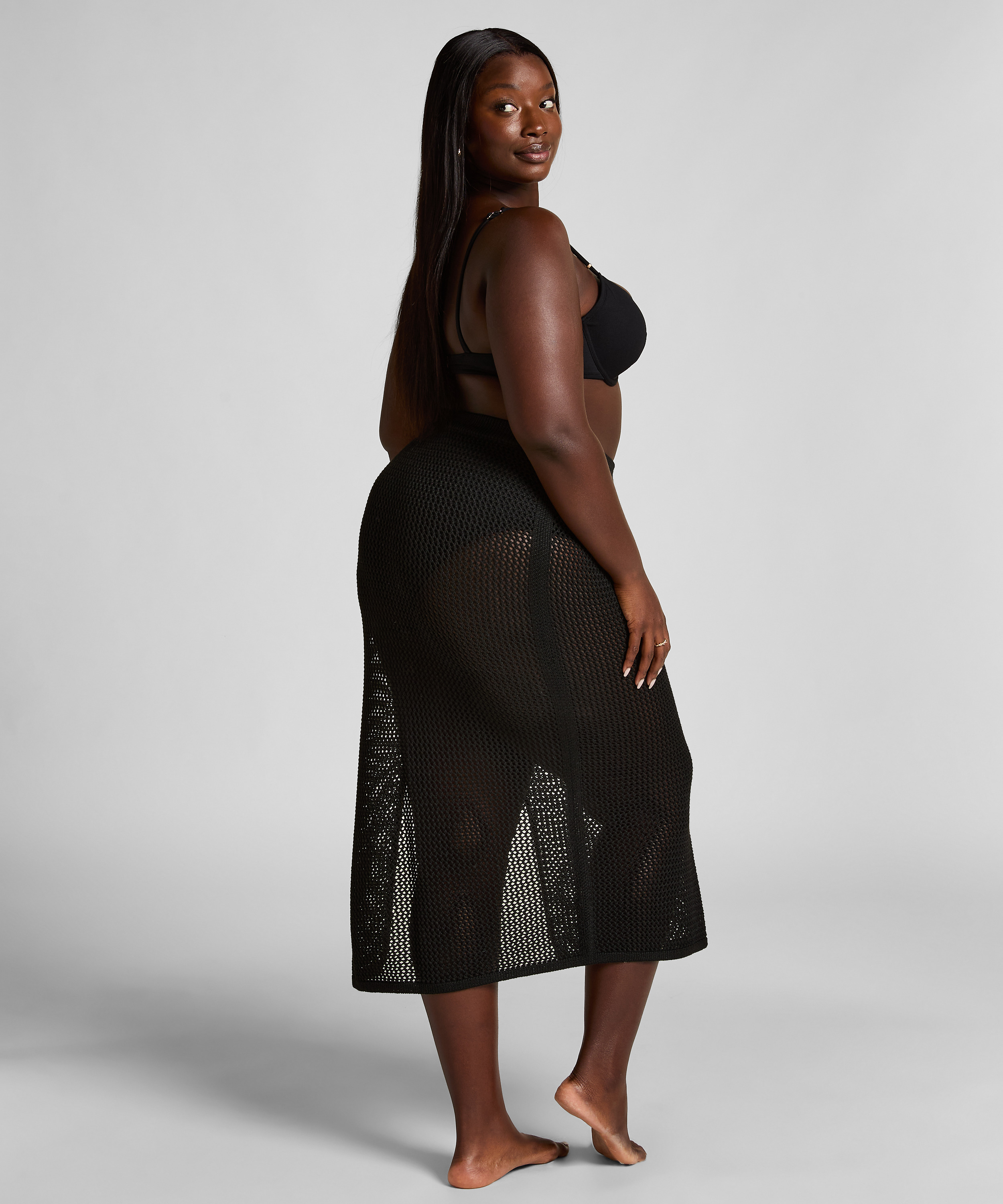 Hæklet midi-nederdel, sort, main