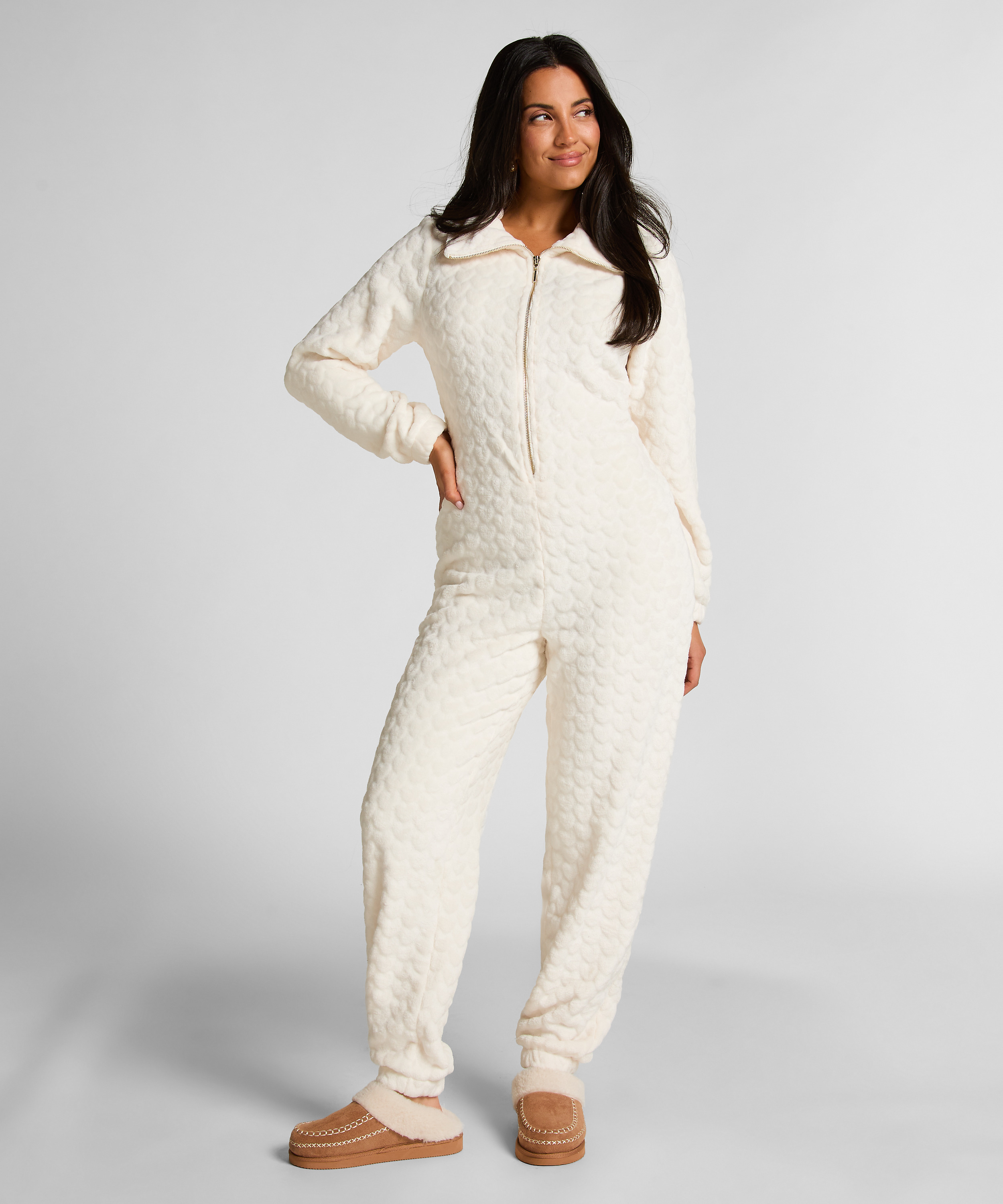 Onesie-jumpsuit i kabel med lynlås, Hvid, main
