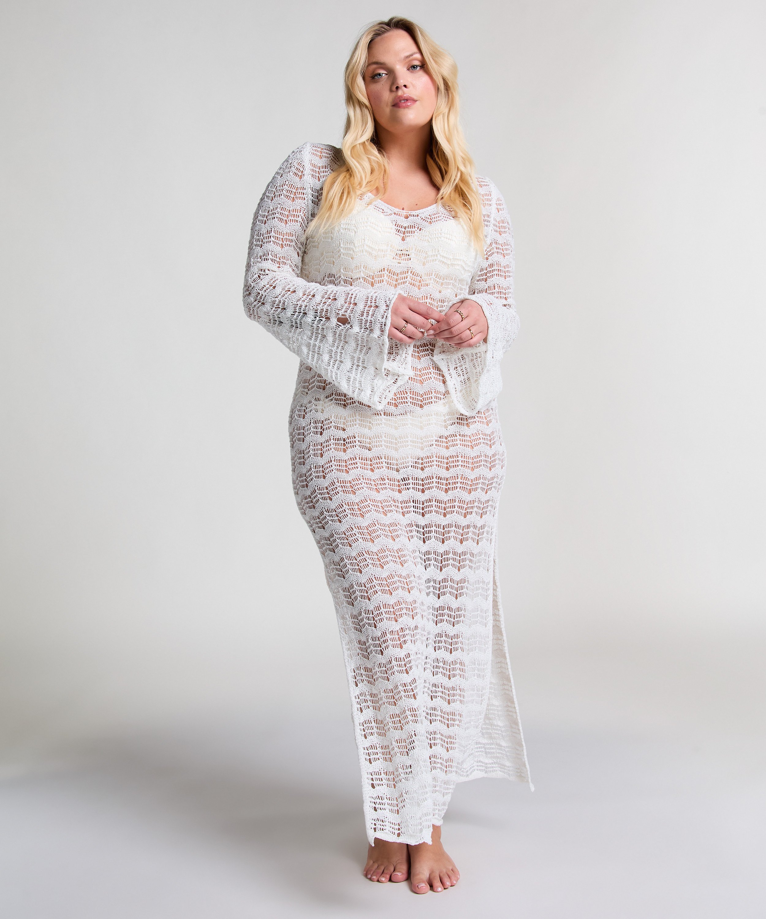 Hæklet maxi-kjole, hvid, main
