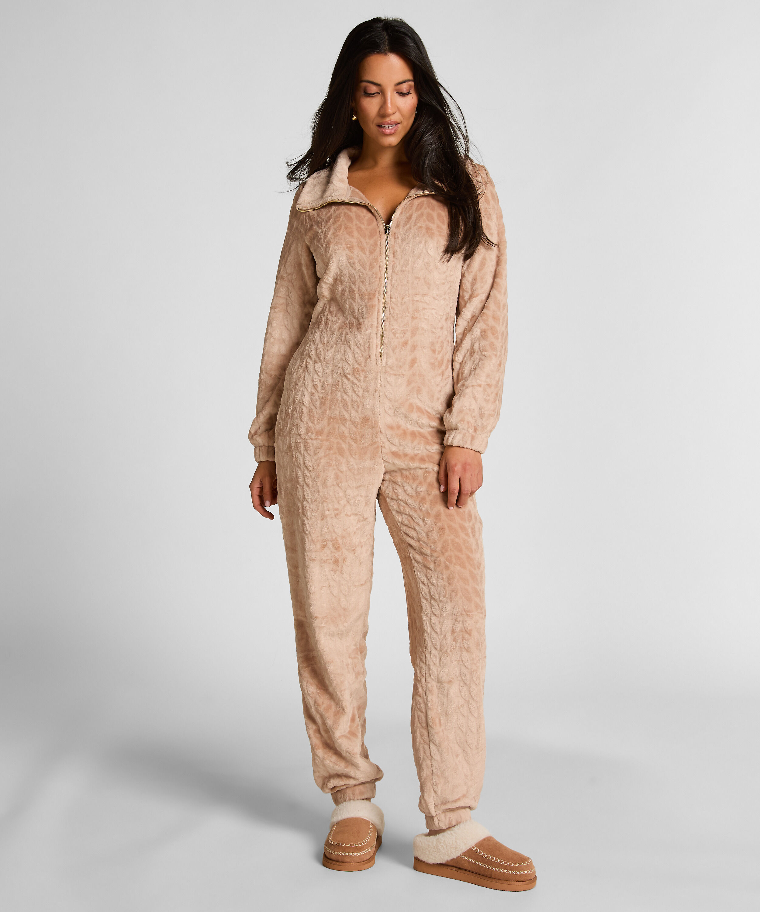 Onesie-jumpsuit i kabel med lynlås, Beige