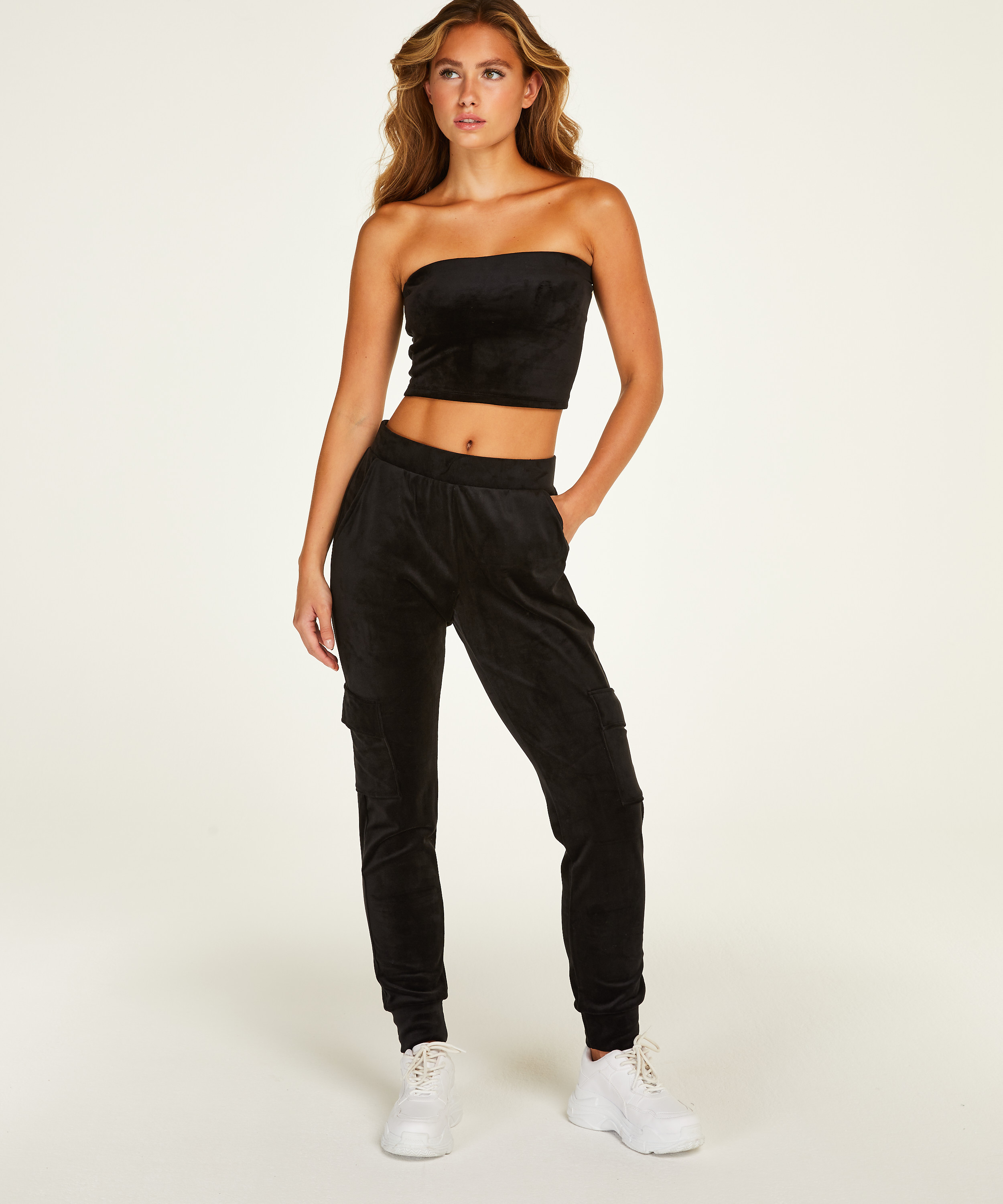 Bandeau-top velour, Sort, main