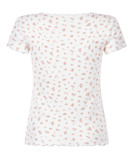 Ribstrikket kort&aelig;rmet top med blonder, Hvid