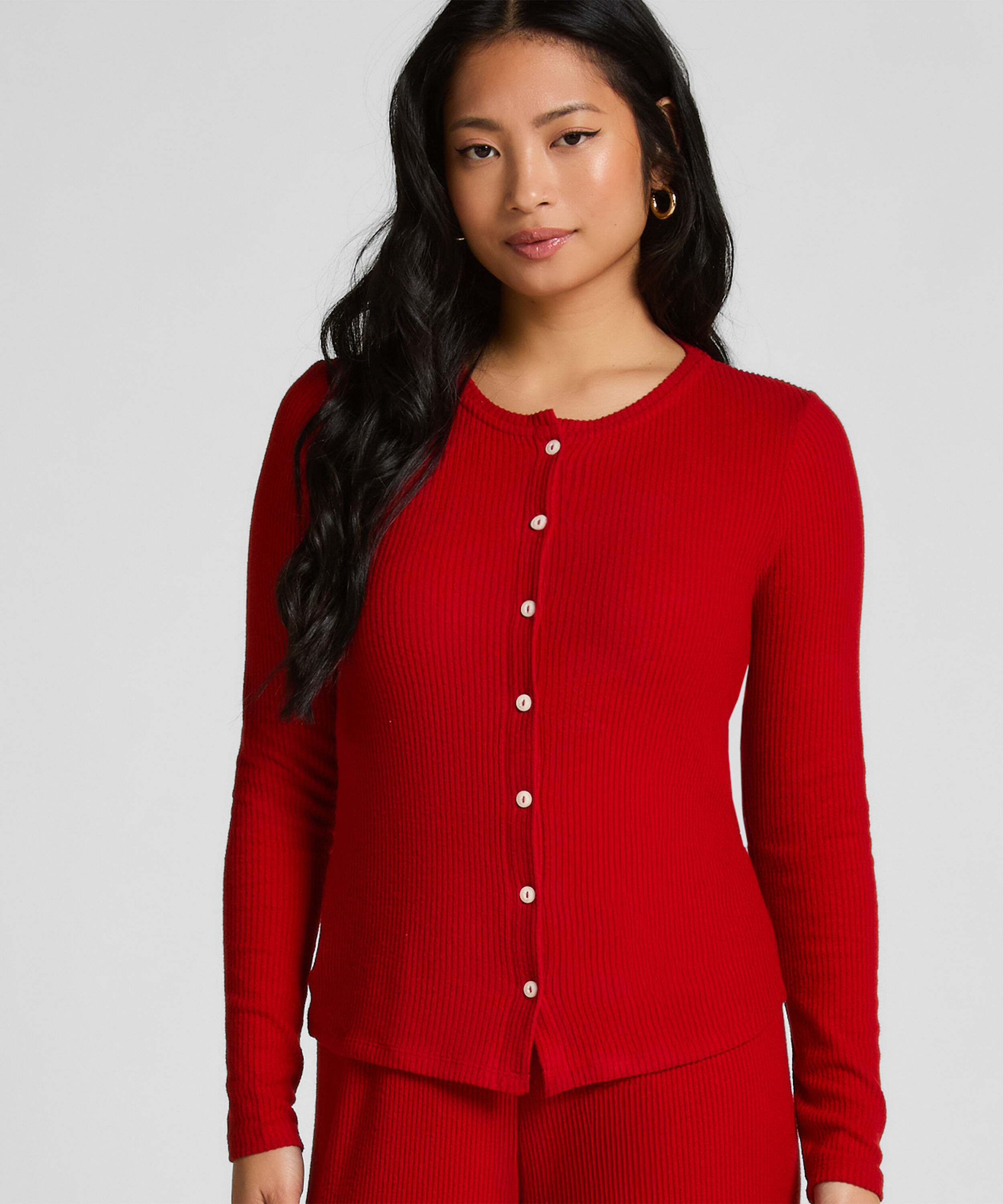 Ribstrikket Cardigan i Jersey, Rød Ribstrikket Cardigan i Jersey, Rød