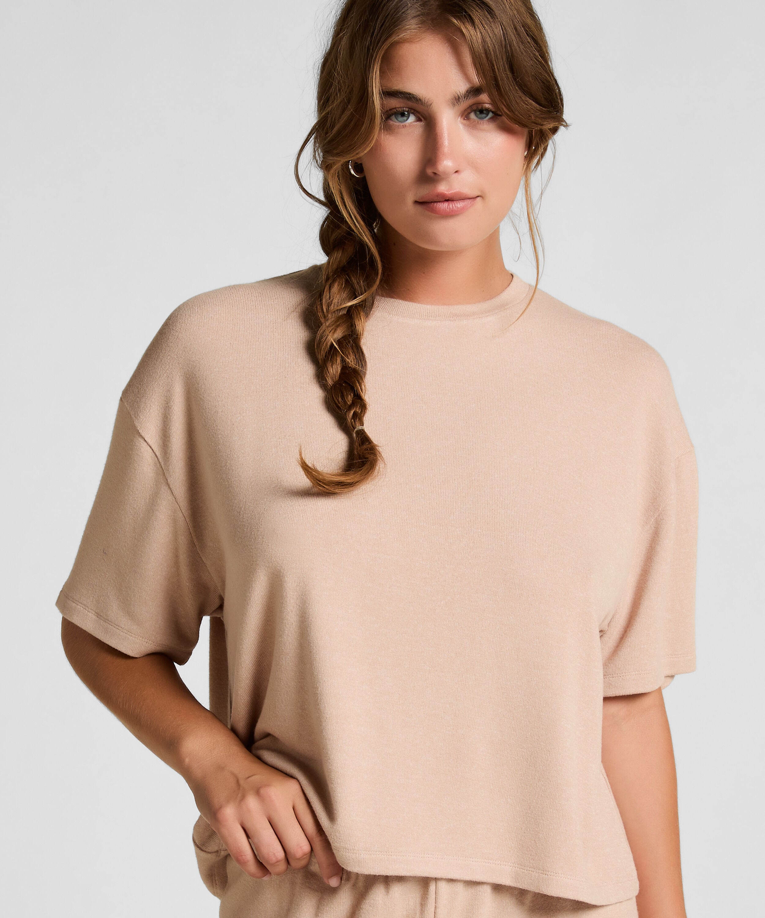 Pyjamastop i børstet jersey, Beige