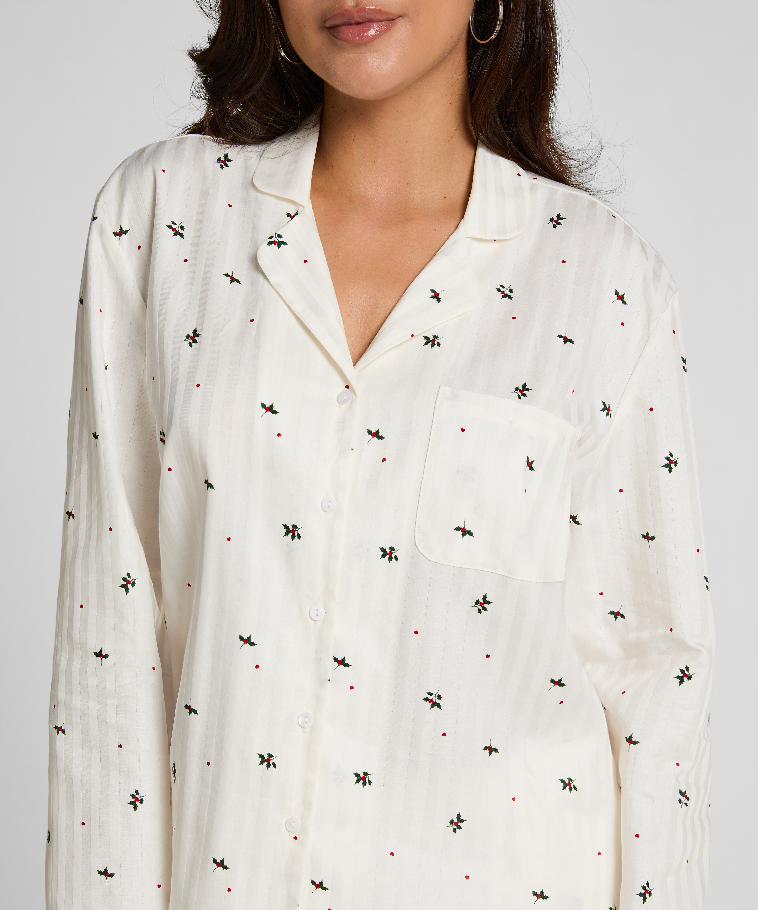 Jacquard Pyjamatop Lang&aelig;rmet, Hvid, main