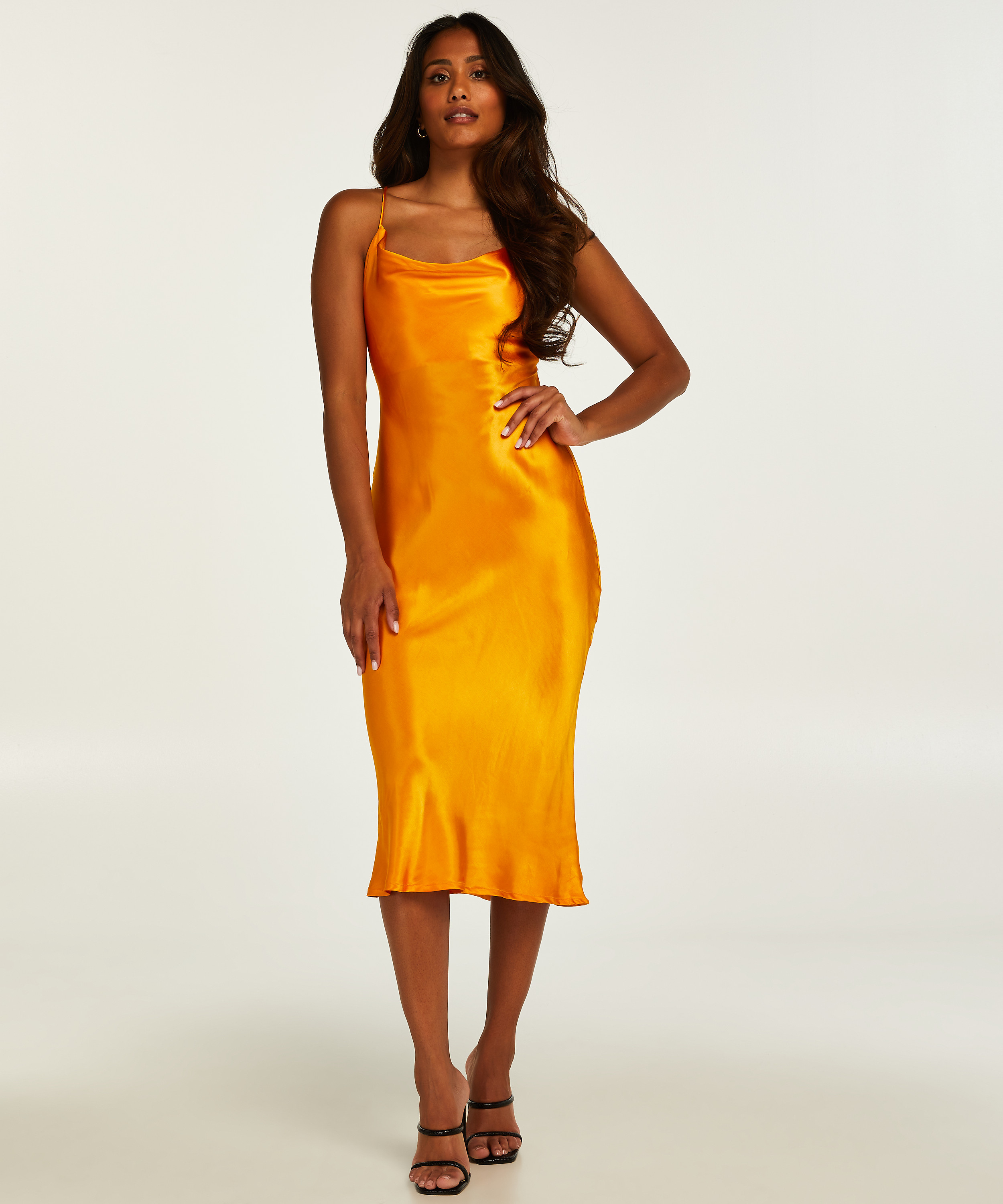 Kjole midi satin, Orange, main