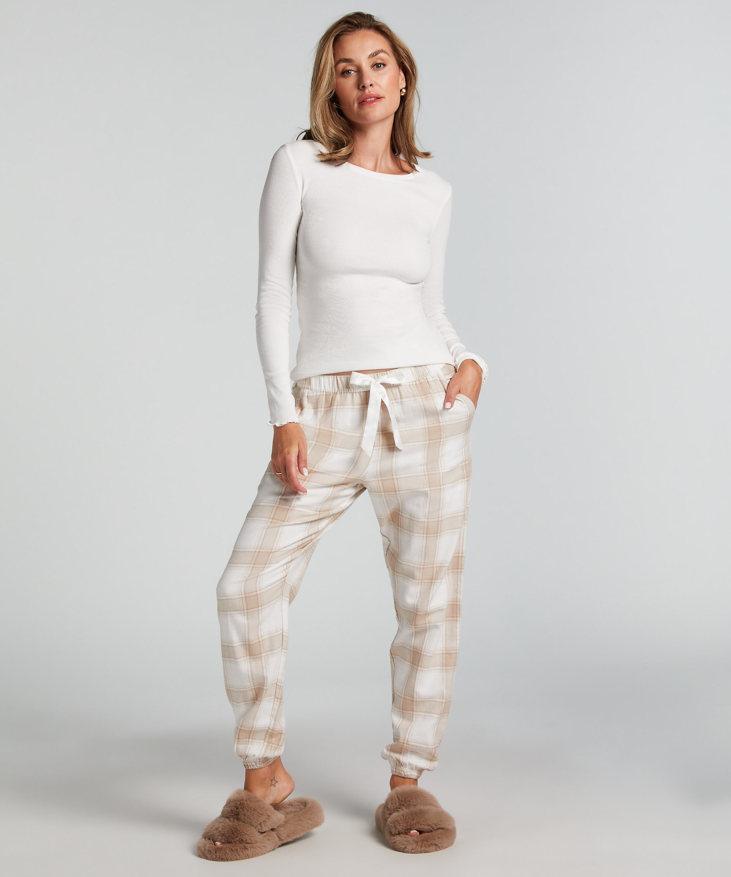 Pyjamasbukser af flonel, Beige Pyjamasbukser af flonel, Beige