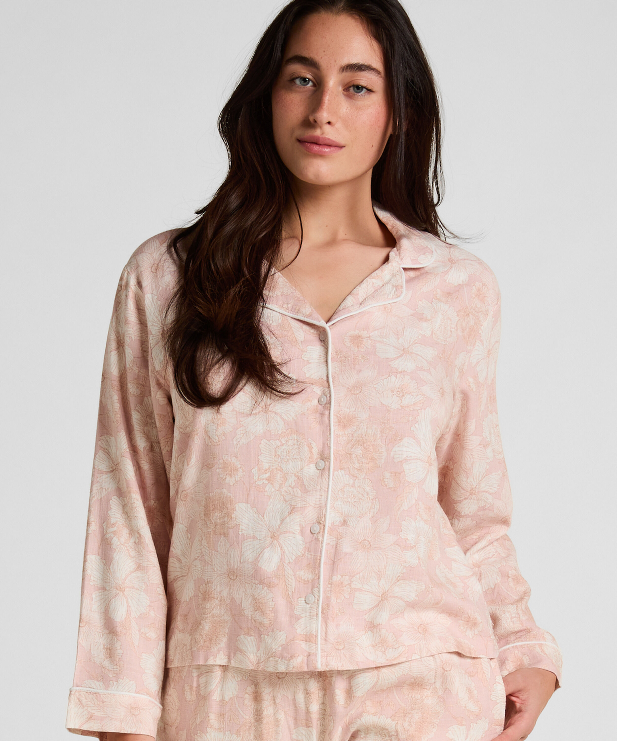 Hør Pyjamasjakke med Blomsterprint, Lyserød