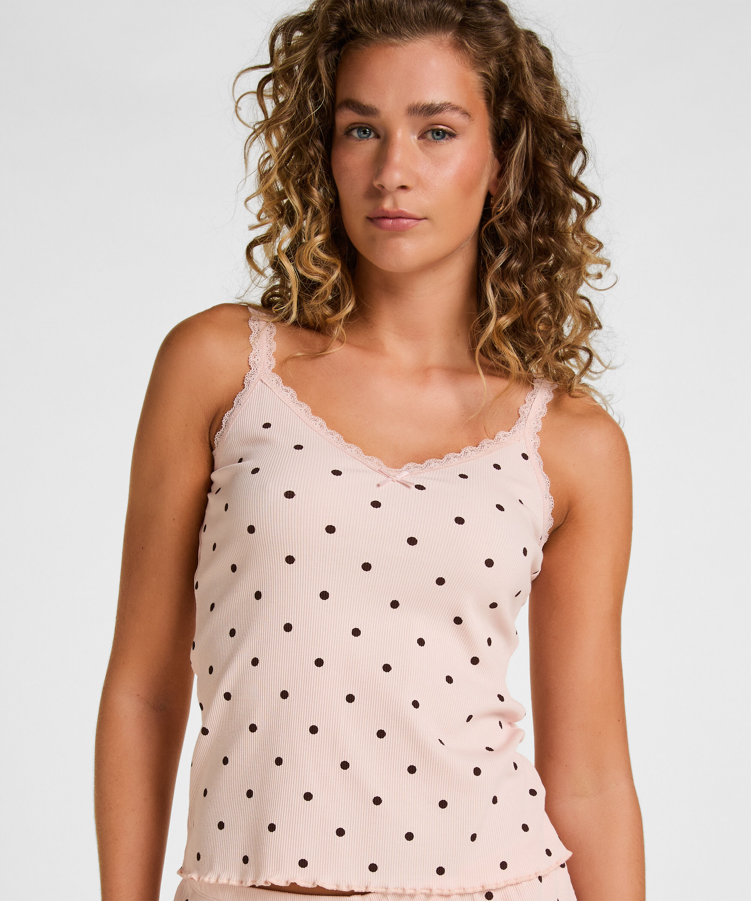 Ribbet Jersey Singlet med Blonder, Lyserød Ribbet Jersey Singlet med Blonder, Lyserød