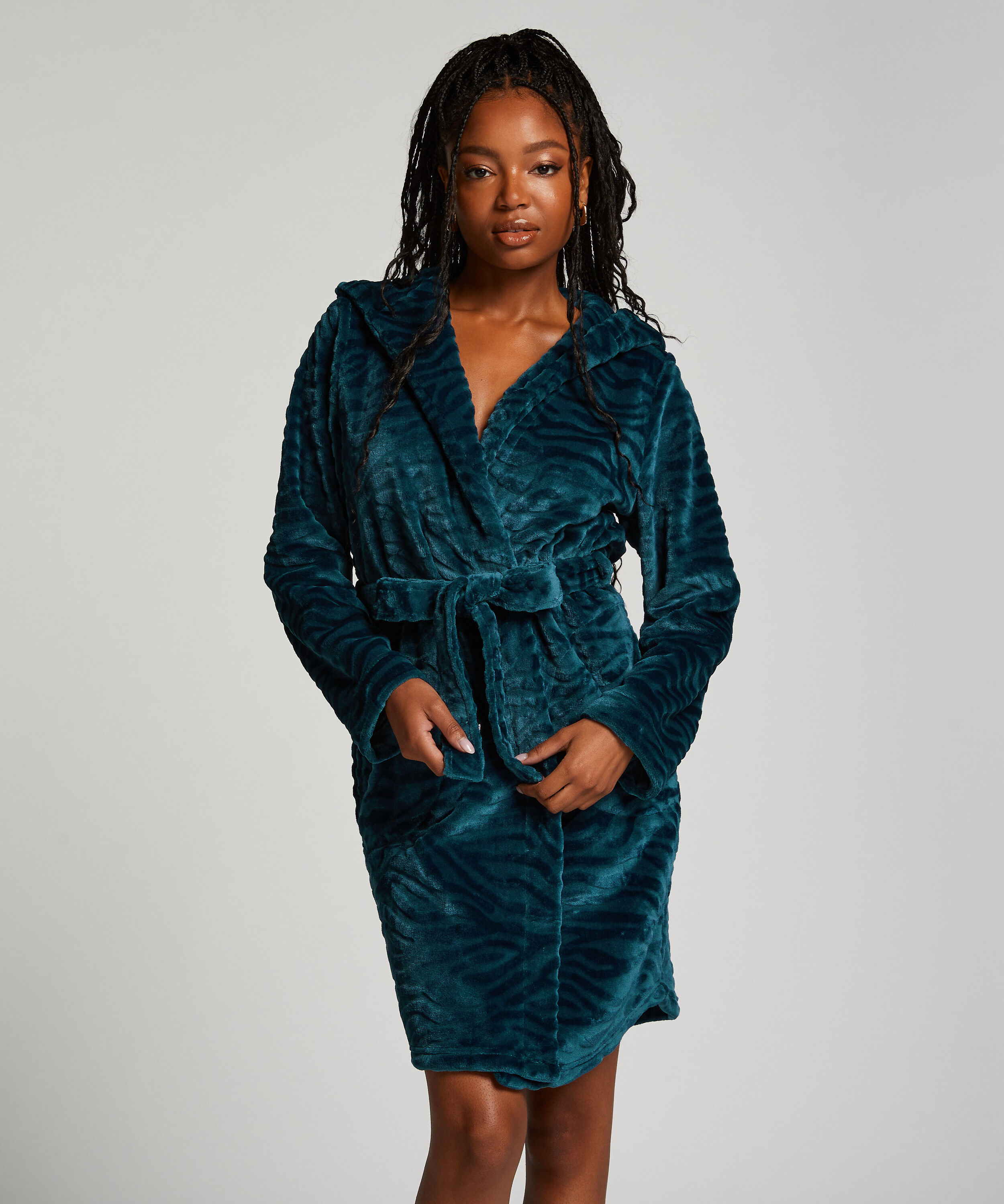 Kort ribstrikket badek&aring;be i fleece, Bl&aring;